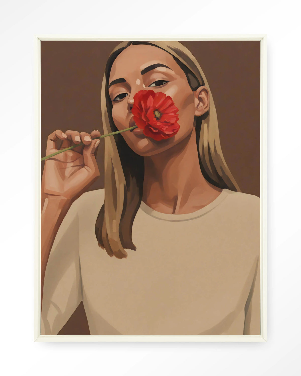 Red Poppy Girl – vrouw met rode bloem – Wandkleed – Floating frame – wit