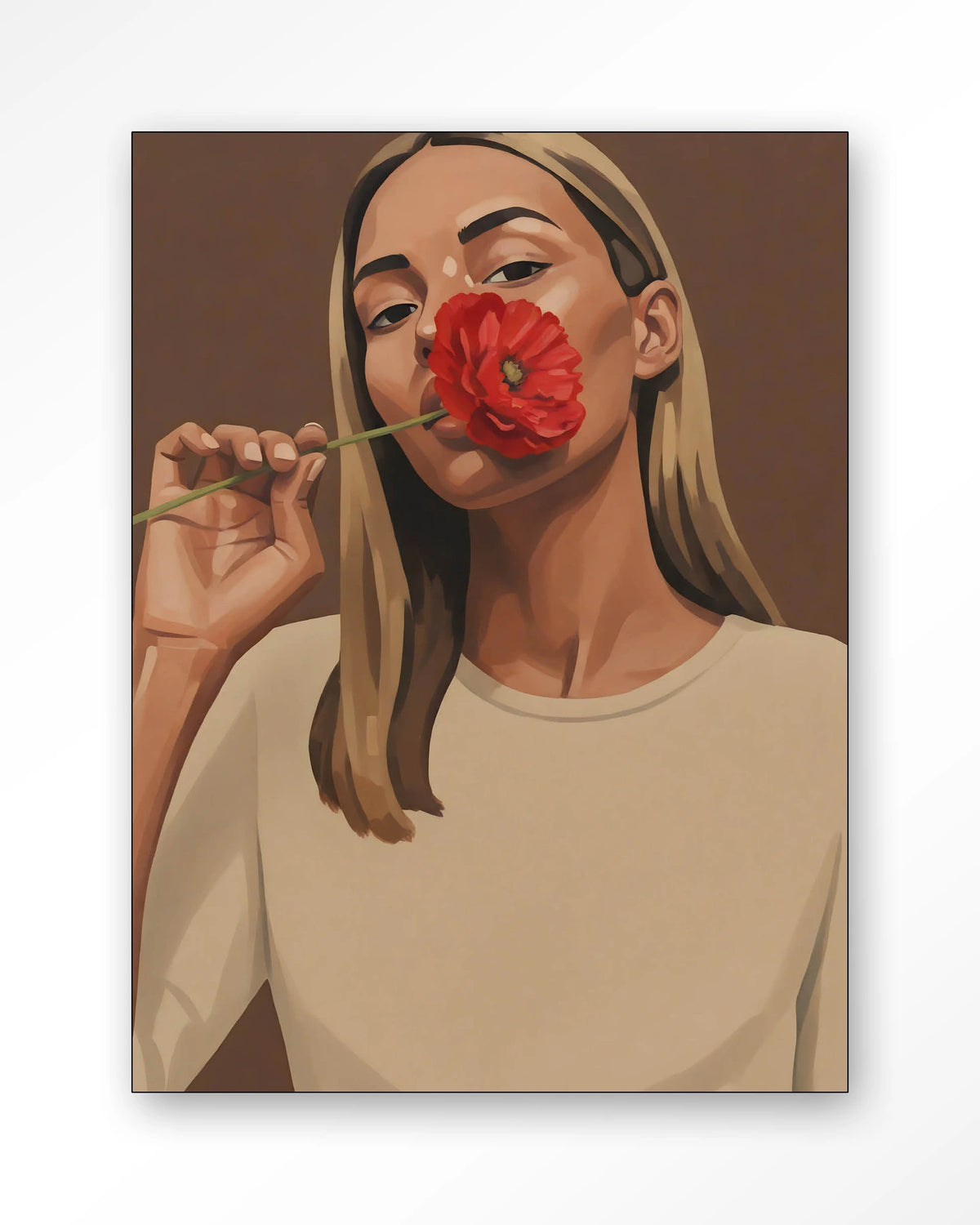 Red Poppy Girl – vrouw met rode bloem – Wandkleed – Frame – zwart