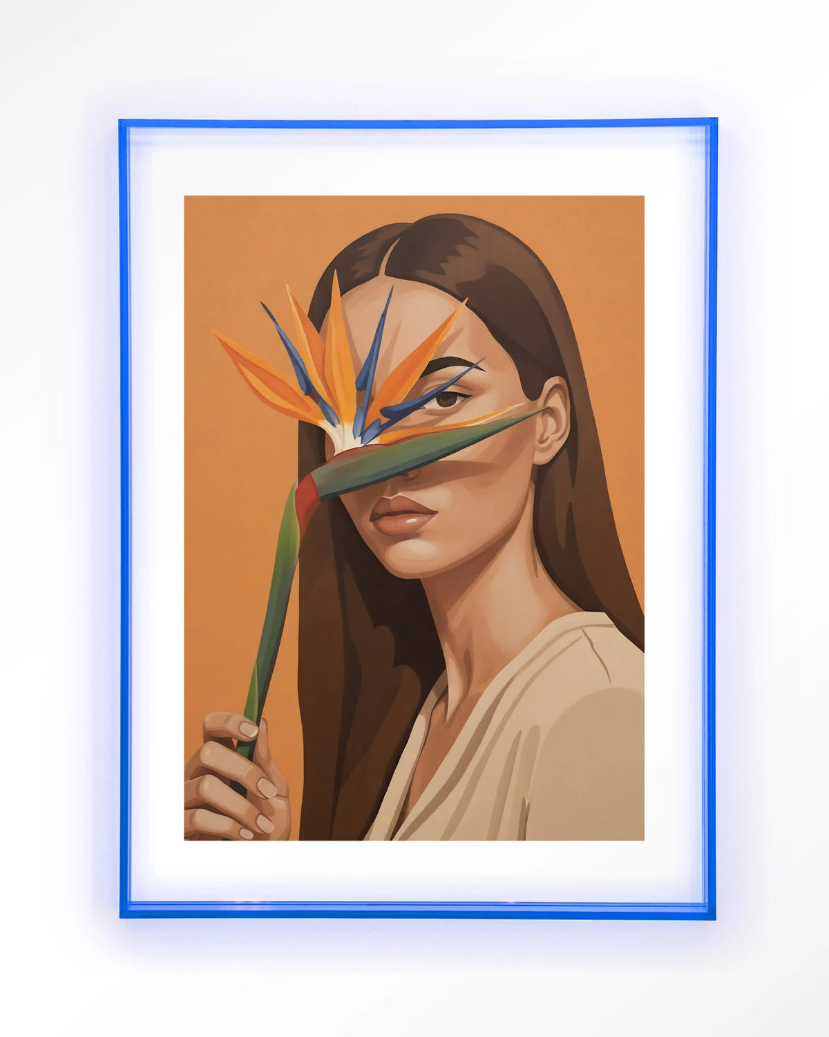 Girl Of Paradise – vrouw met paradijsvogelbloem – Art print – Acryl lichtblauw