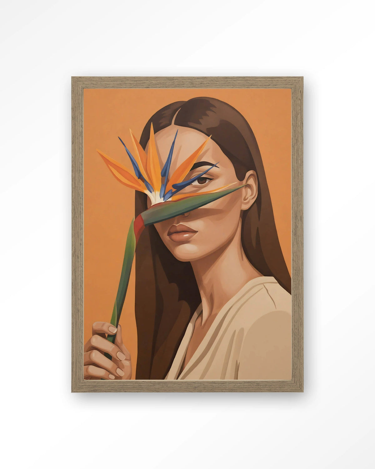 Girl Of Paradise – vrouw met paradijsvogelbloem – Art print – Hout bruin