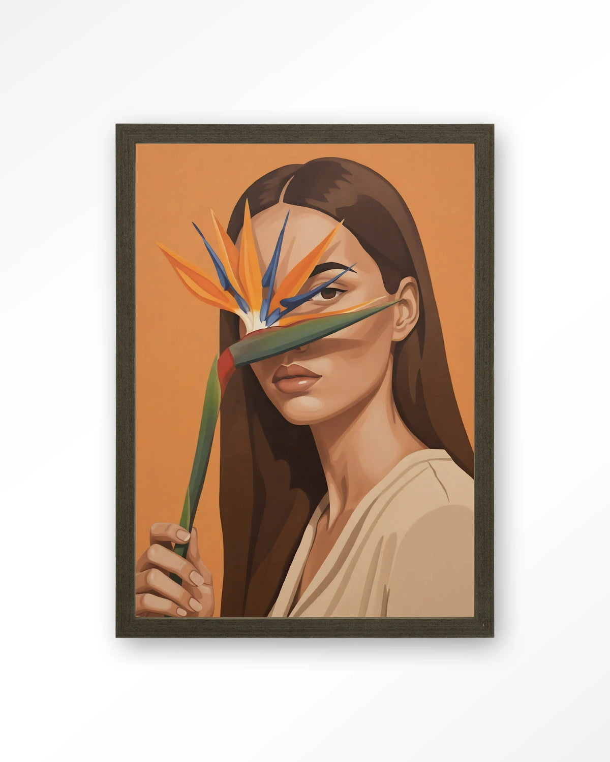 Girl Of Paradise – vrouw met paradijsvogelbloem – Art print – Hout donkerbruin