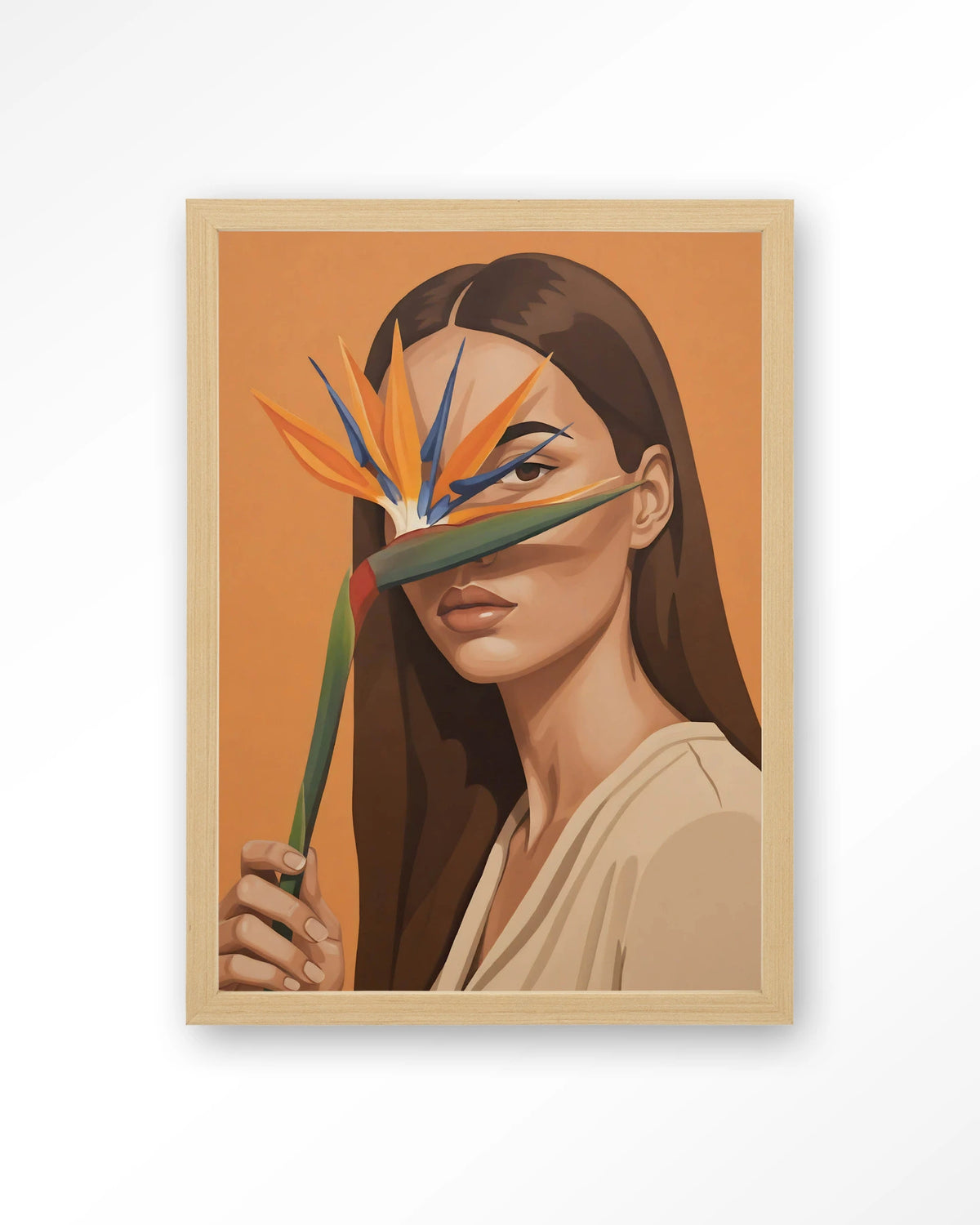 Girl Of Paradise – vrouw met paradijsvogelbloem – Art print – Hout naturel