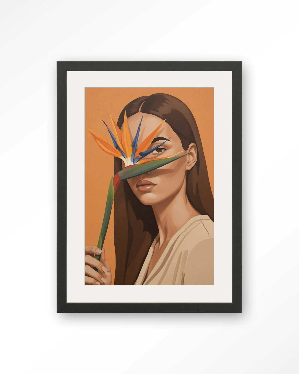 Girl Of Paradise – vrouw met paradijsvogelbloem – Art print – Hout zwart + passe-partout