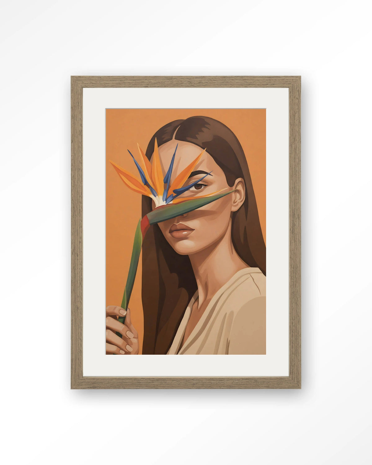 Girl Of Paradise – vrouw met paradijsvogelbloem – Art print – Hout bruin + passe-partout