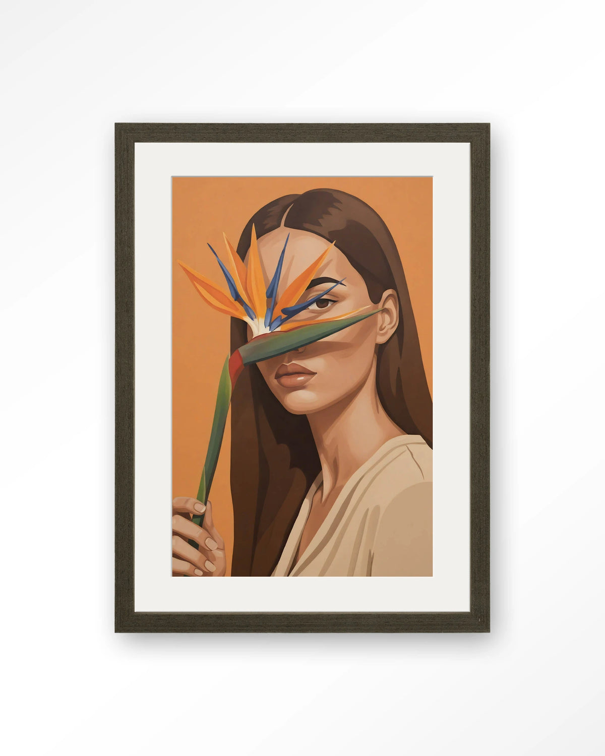 Girl Of Paradise – vrouw met paradijsvogelbloem – Art print – Hout donkerbruin + passe-partout