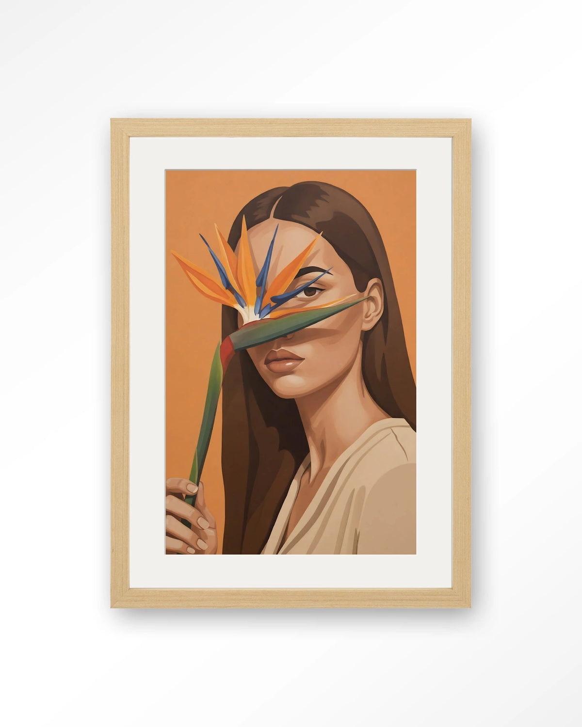 Girl Of Paradise – vrouw met paradijsvogelbloem – Art print – Hout naturel + passe-partout