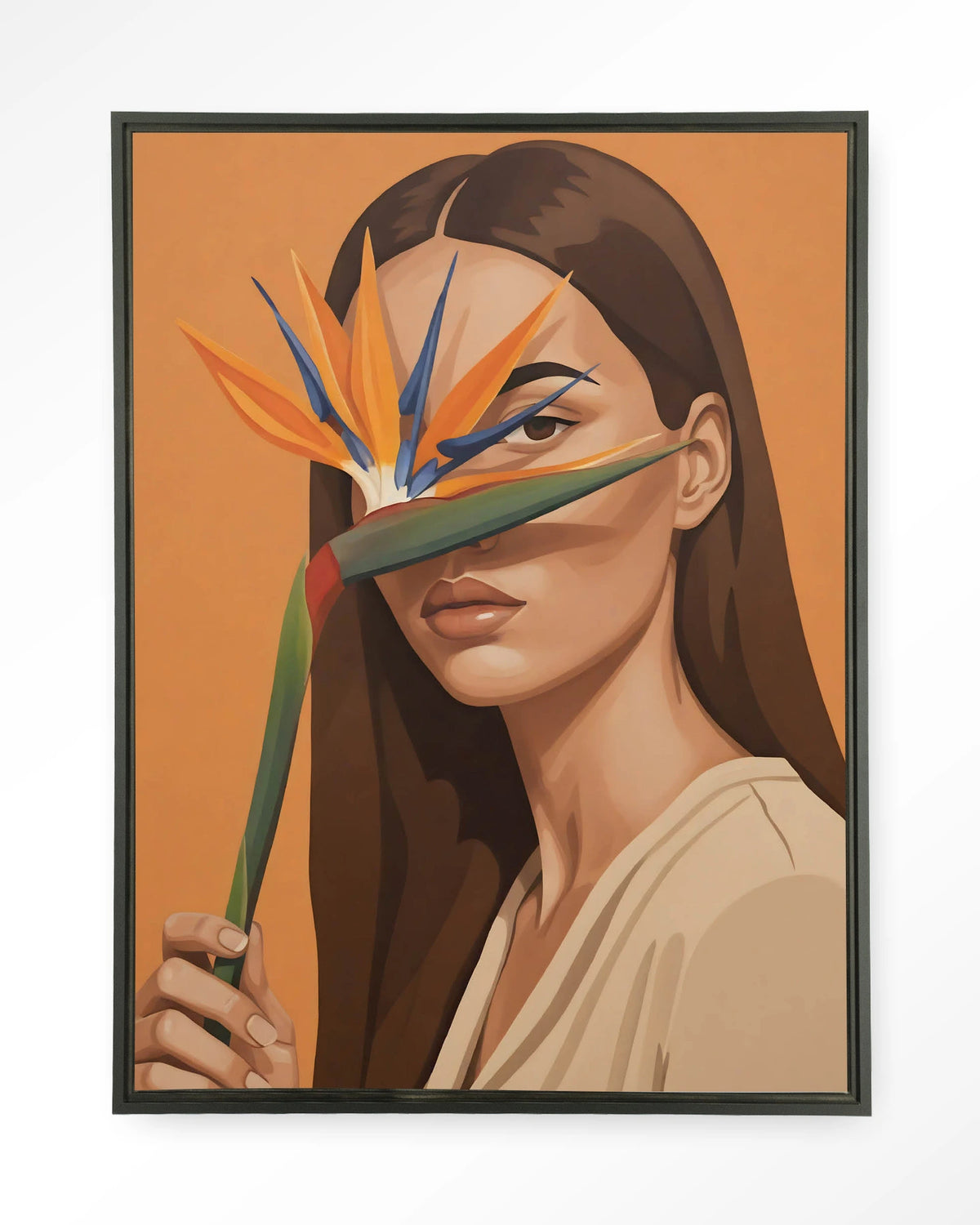Girl Of Paradise – vrouw met paradijsvogelbloem – Wandkleed – Floating frame – zwart