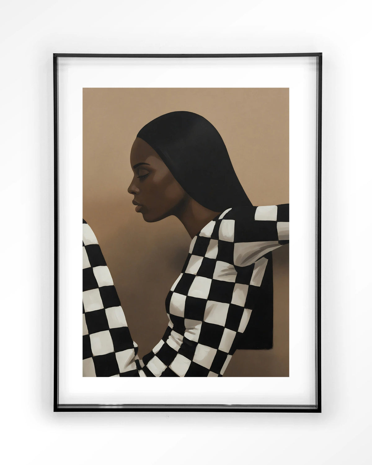 Chezzy – vrouw in zwart-wit geruit – Art print – Acryl zwart