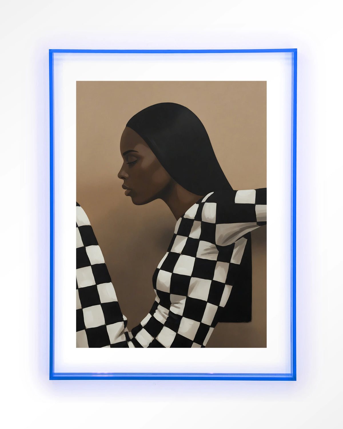 Chezzy – vrouw in zwart-wit geruit – Art print – Acryl lichtblauw