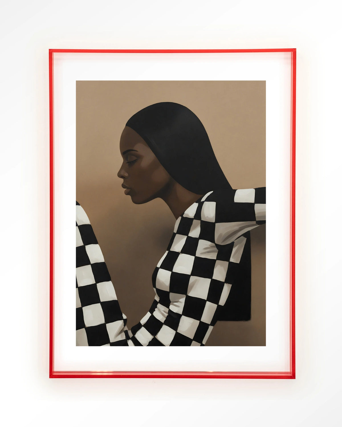 Chezzy – vrouw in zwart-wit geruit – Art print – Acryl roze