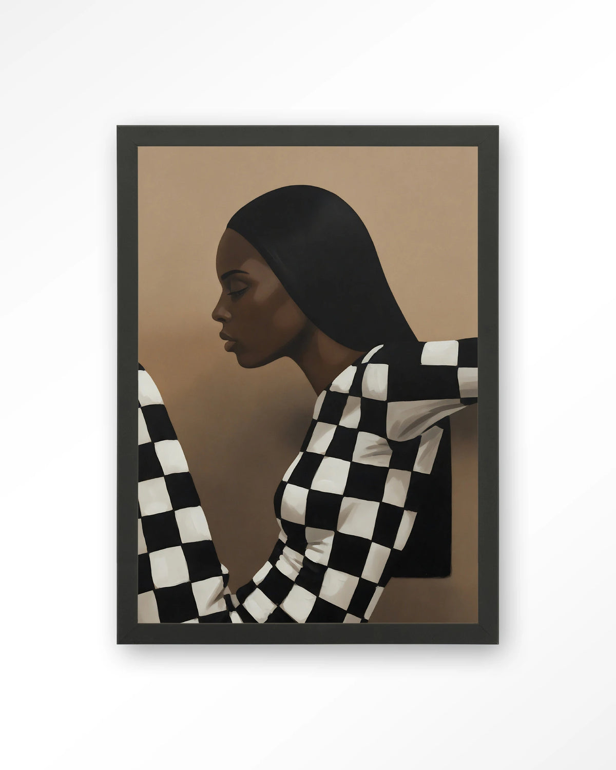 Chezzy – vrouw in zwart-wit geruit – Art print – Hout zwart