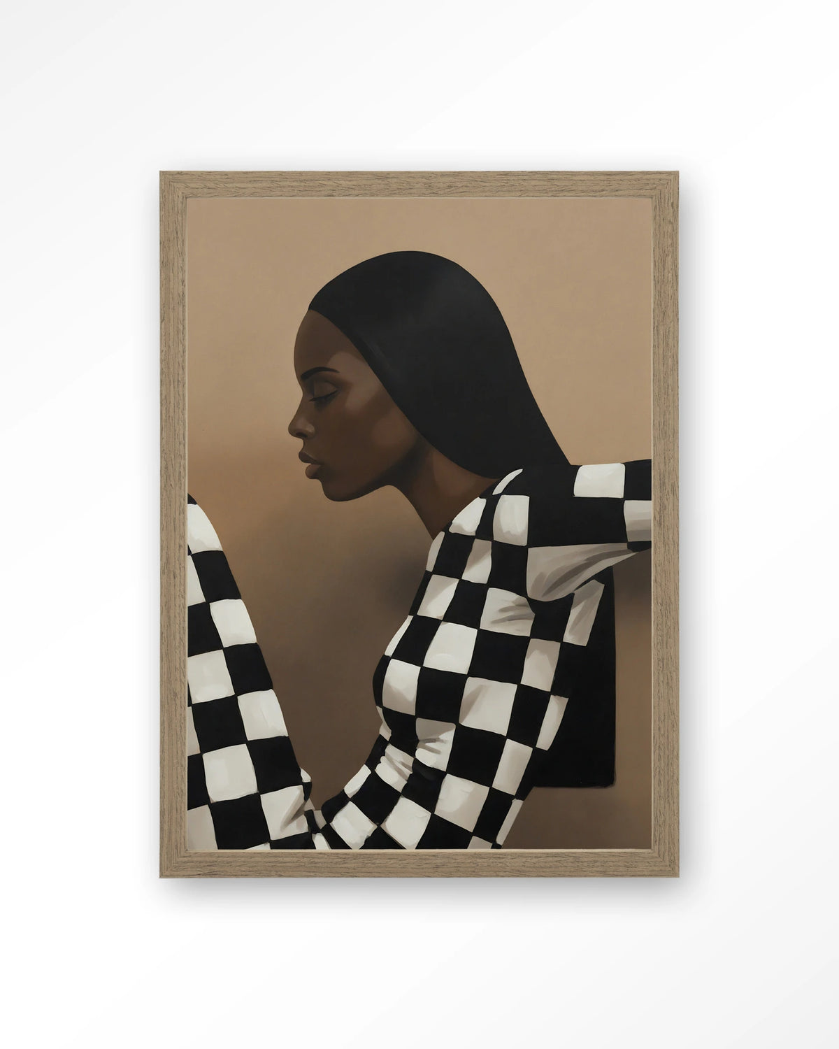 Chezzy – vrouw in zwart-wit geruit – Art print – Hout bruin