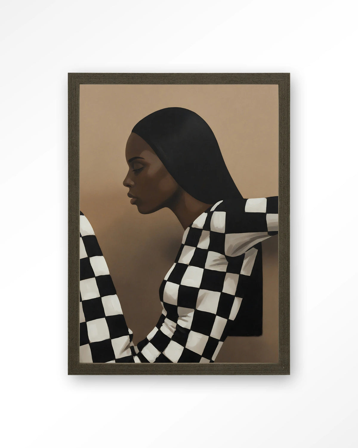 Chezzy – vrouw in zwart-wit geruit – Art print – Hout donkerbruin