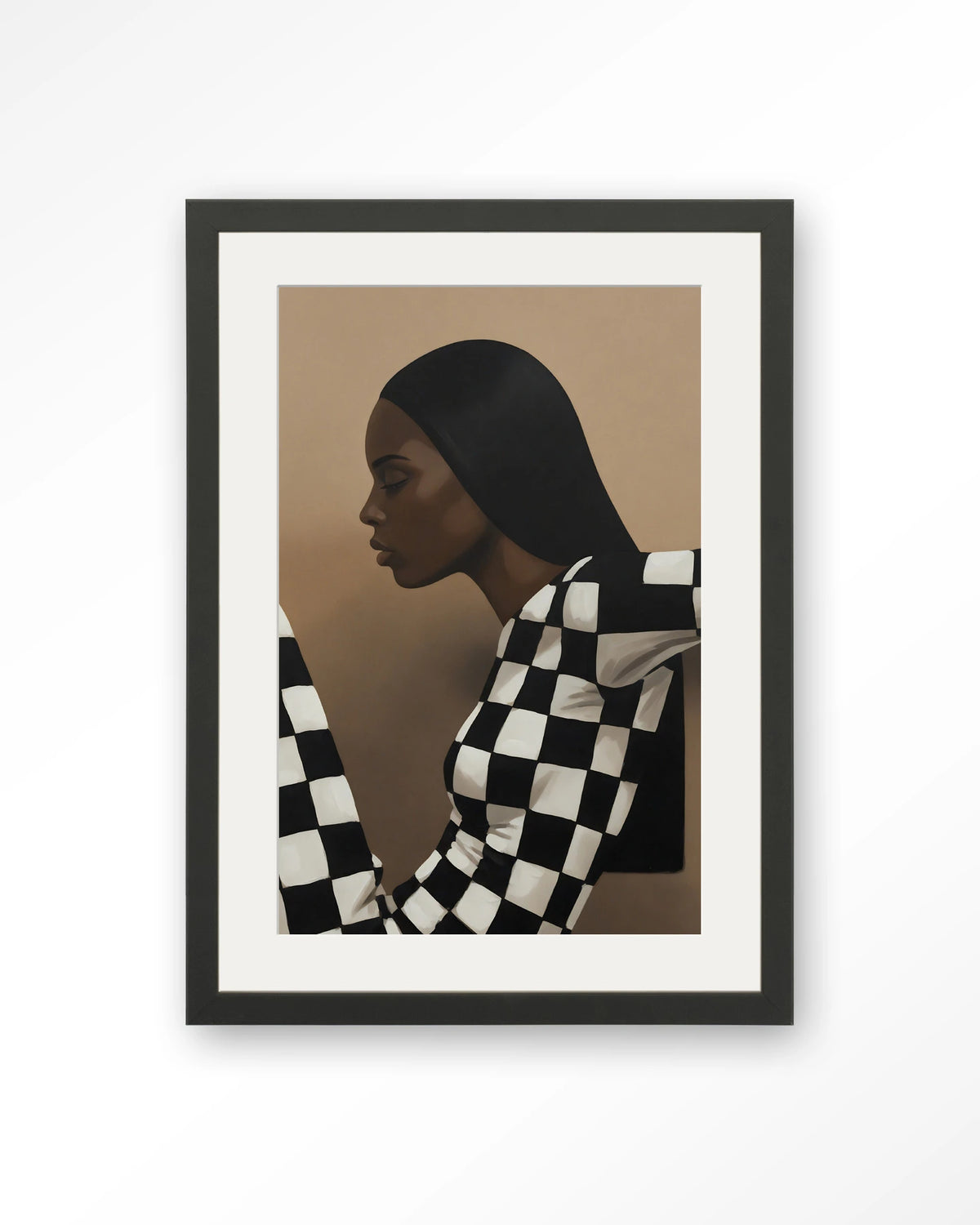 Chezzy – vrouw in zwart-wit geruit – Art print – Hout zwart + passe-partout