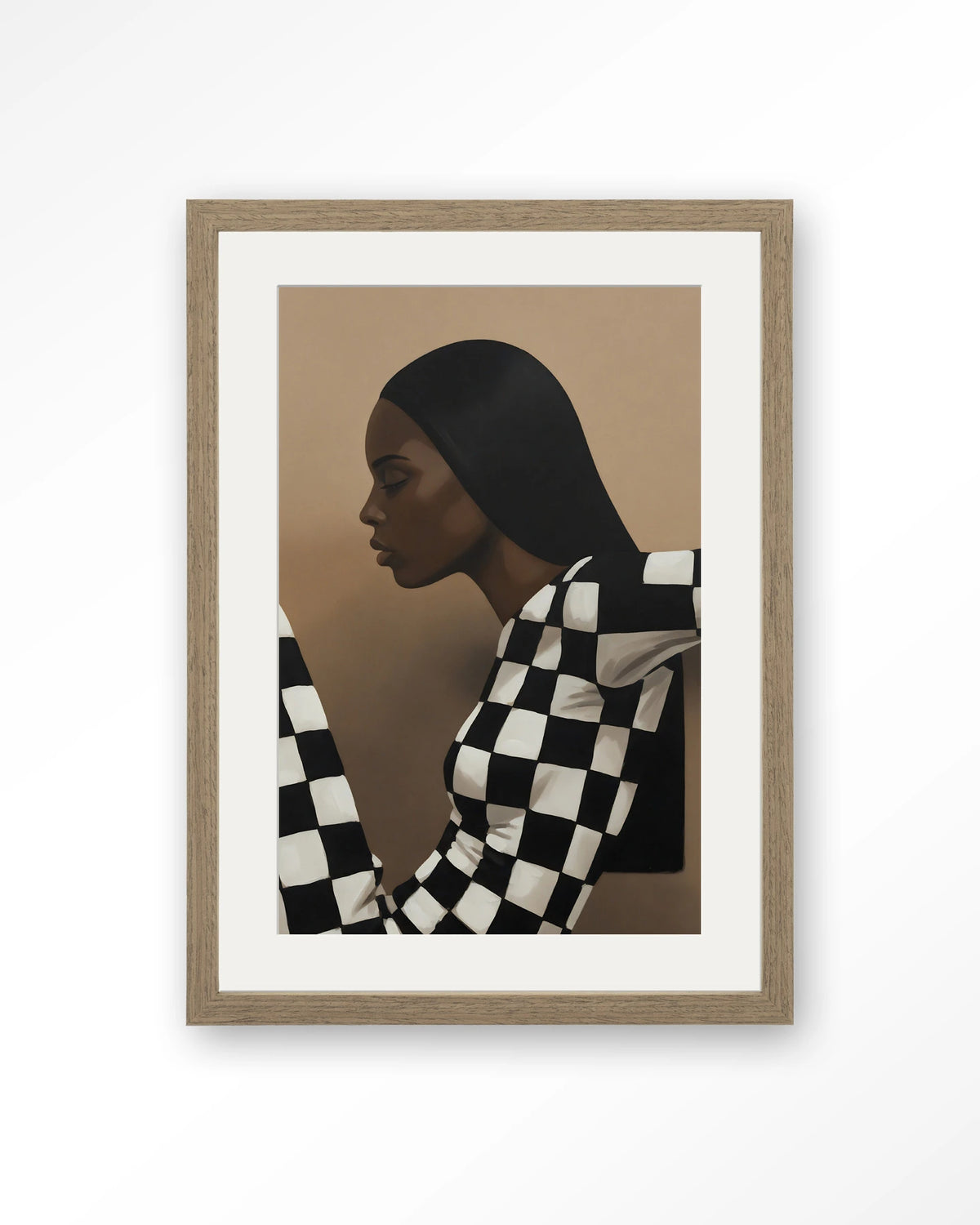 Chezzy – vrouw in zwart-wit geruit – Art print – Hout bruin + passe-partout