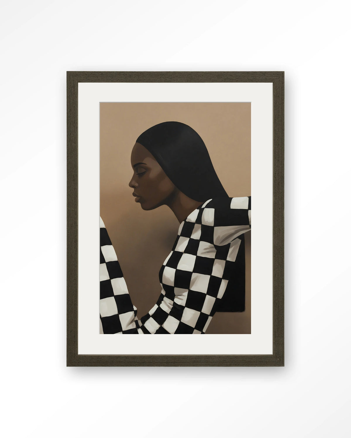 Chezzy – vrouw in zwart-wit geruit – Art print – Hout donkerbruin + passe-partout