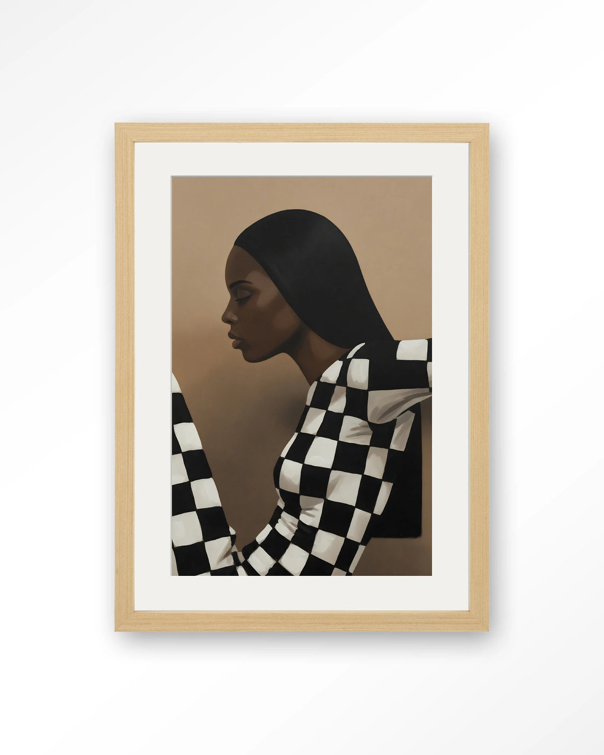 Chezzy – vrouw in zwart-wit geruit – Art print – Hout naturel + passe-partout