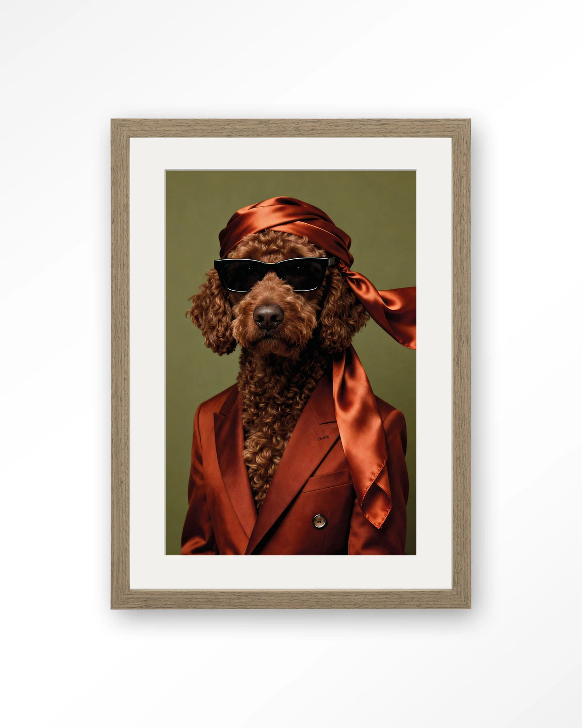 Guus – hond met zonnebril – Art print – Hout bruin + passe-partout