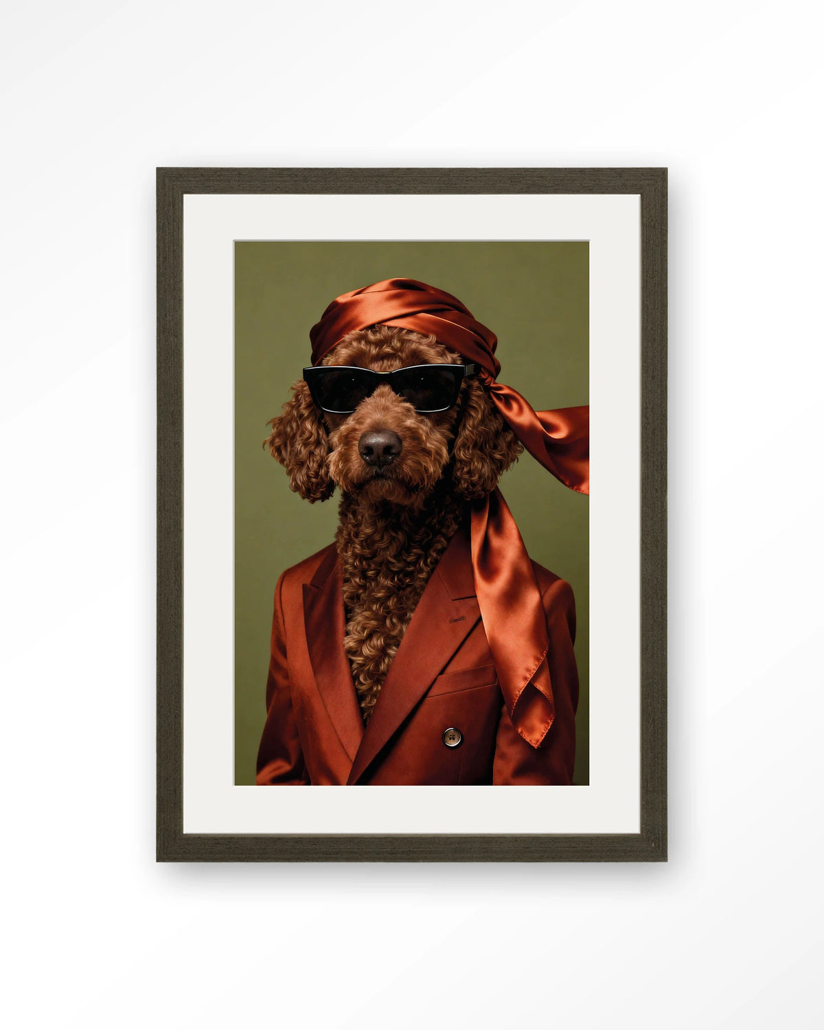 Guus – hond met zonnebril – Art print – Hout donkerbruin + passe-partout