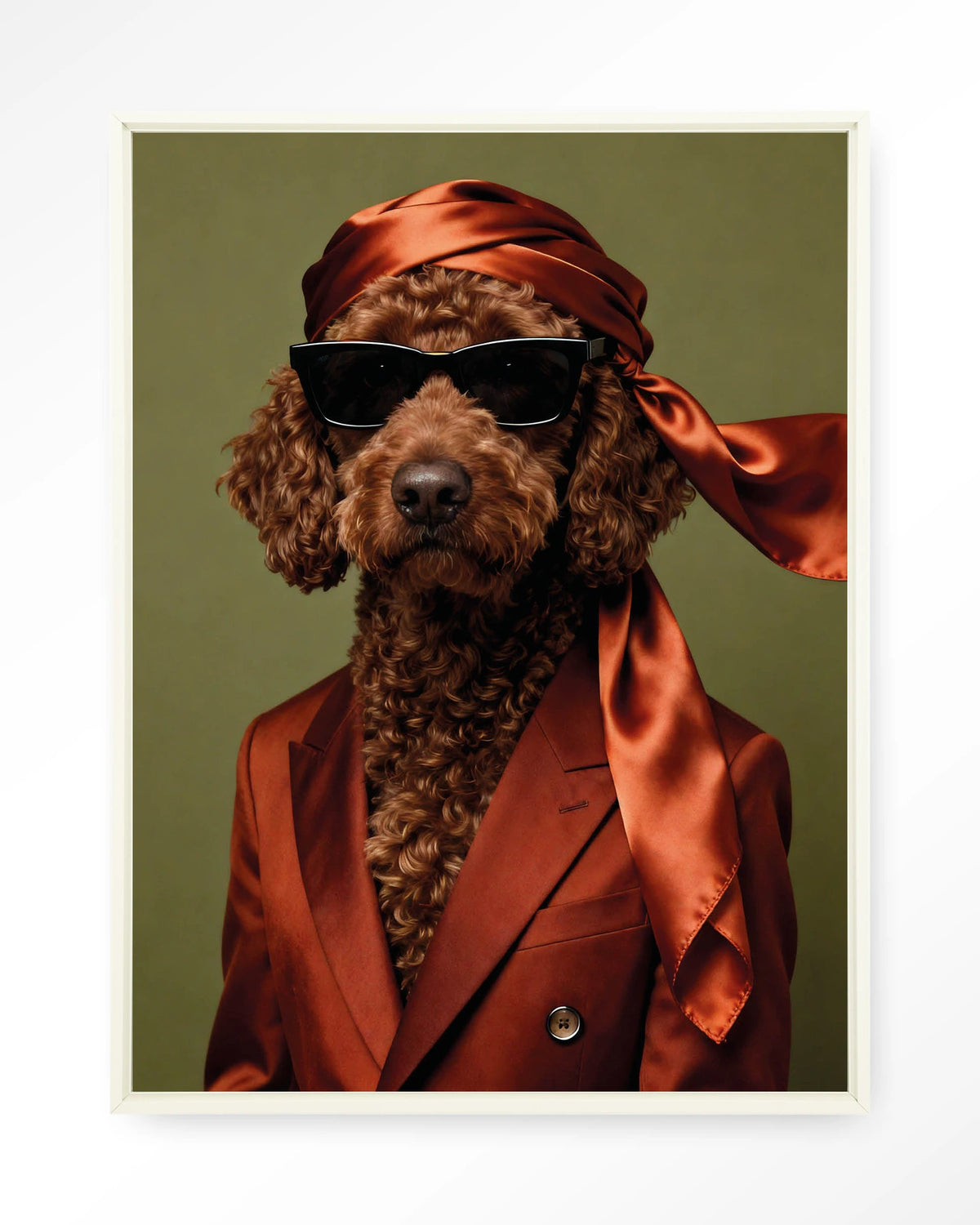 Guus – hond met zonnebril – Wandkleed – Floating frame – wit