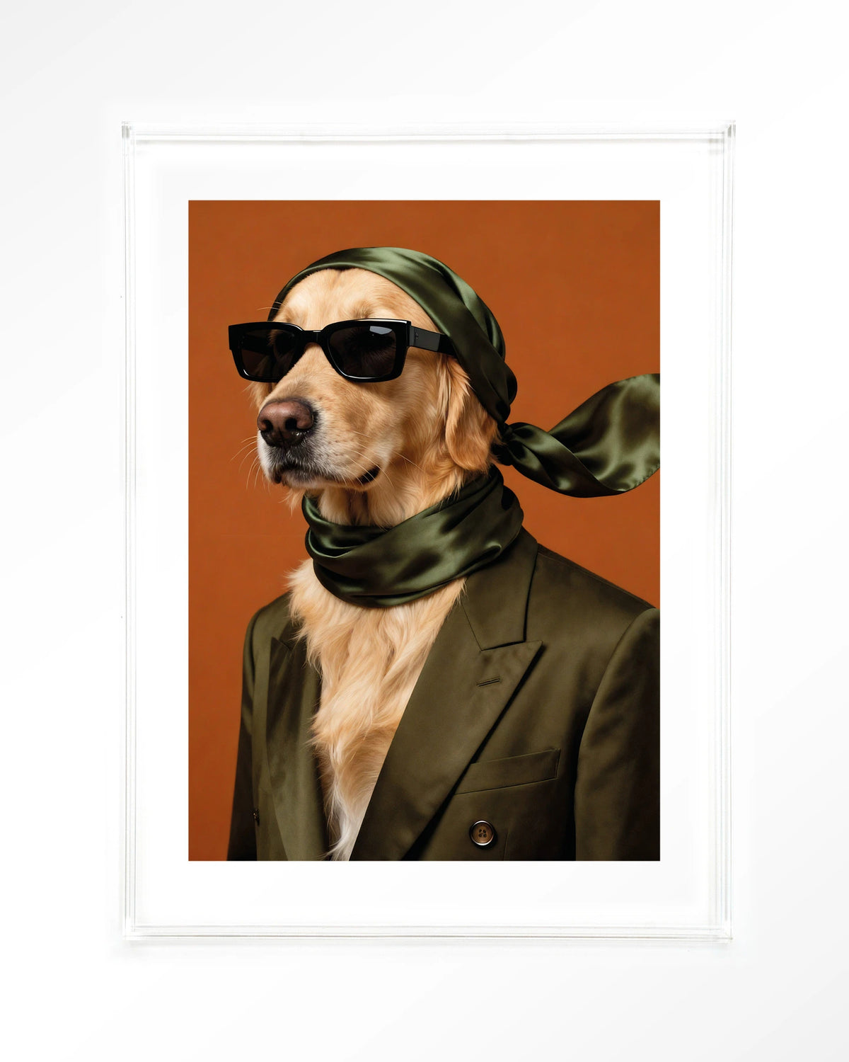 Murph – hond met zonnebril en sjaal – Art print – Acryl doorzichtig