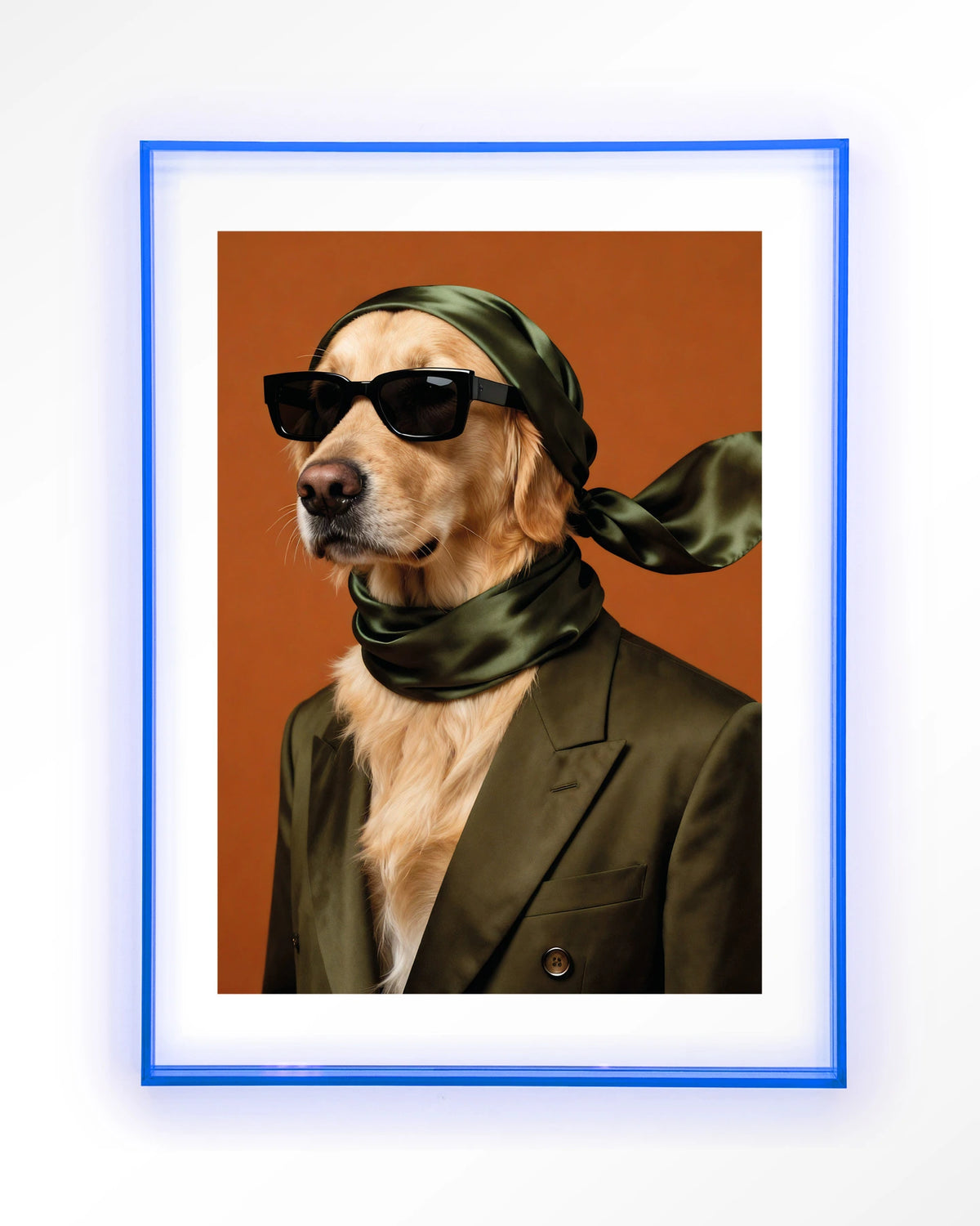 Murph – hond met zonnebril en sjaal – Art print – Acryl lichtblauw