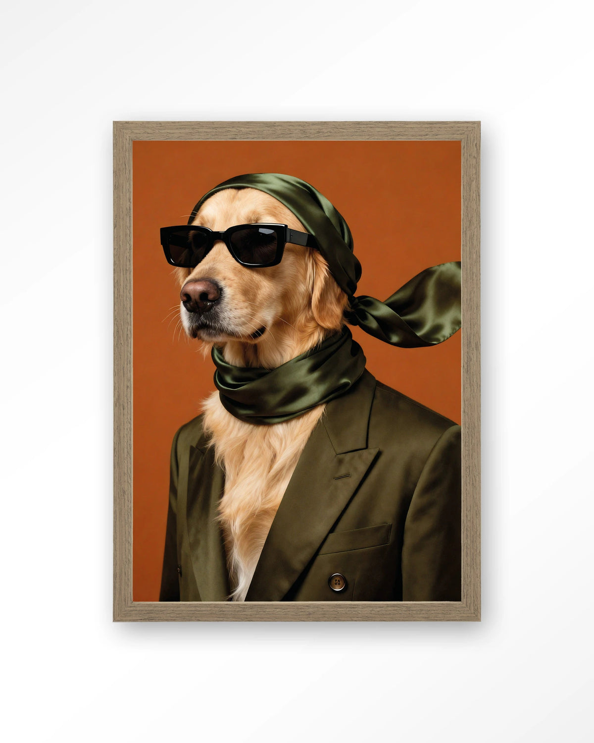 Murph – hond met zonnebril en sjaal – Art print – Hout bruin