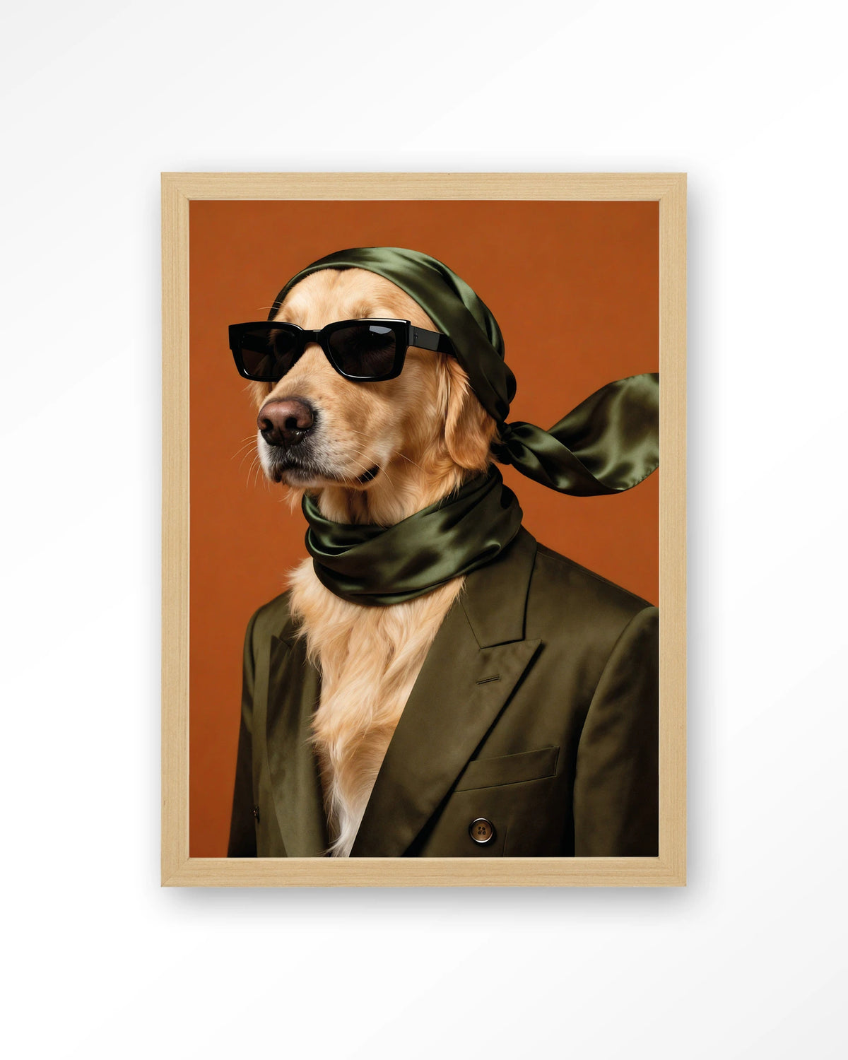 Murph – hond met zonnebril en sjaal – Art print – Hout naturel