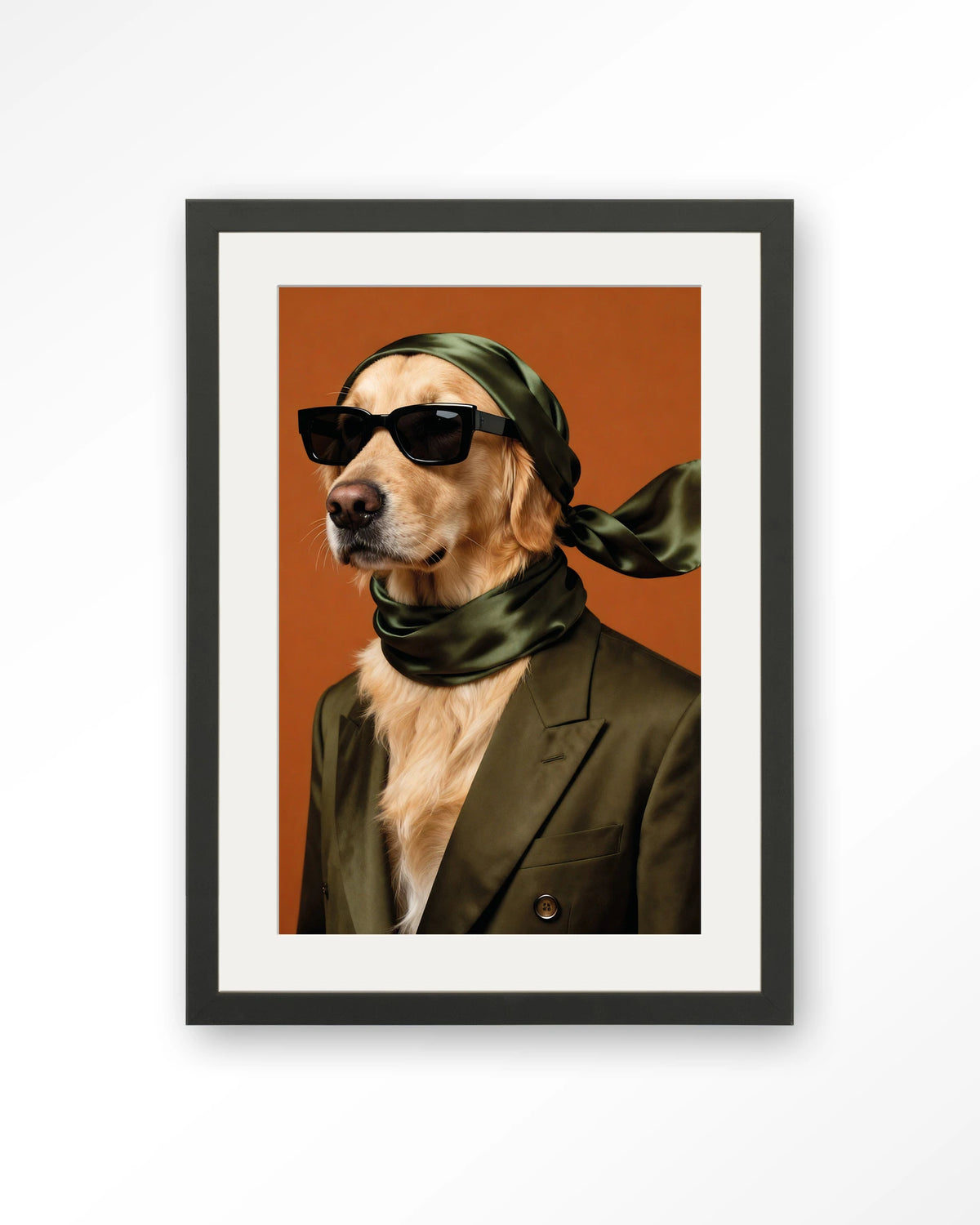 Murph – hond met zonnebril en sjaal – Art print – Hout zwart + passe-partout
