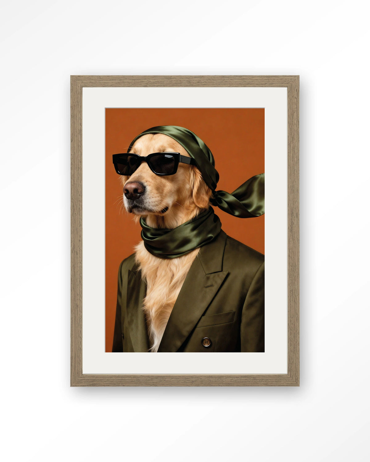 Murph – hond met zonnebril en sjaal – Art print – Hout bruin + passe-partout