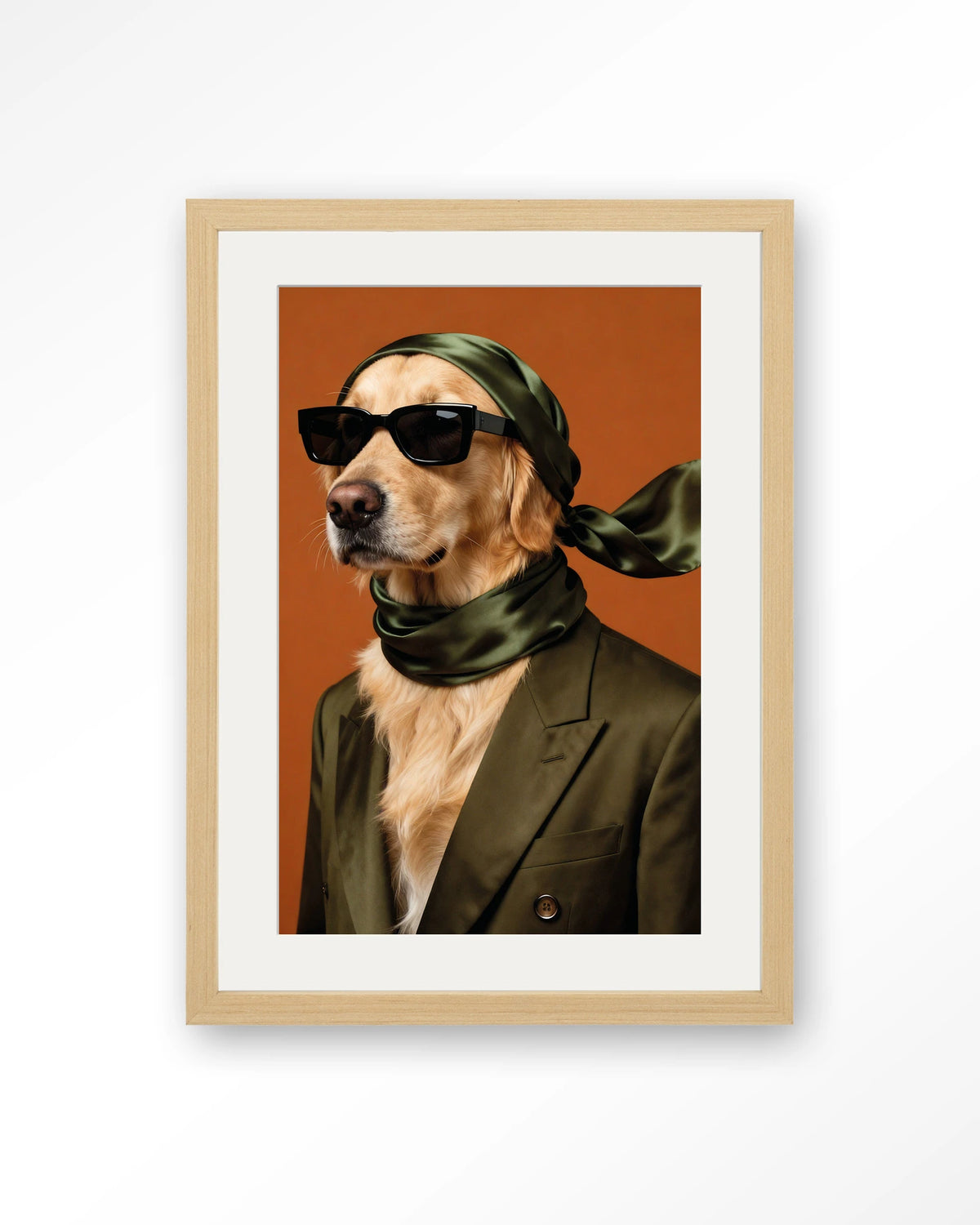Murph – hond met zonnebril en sjaal – Art print – Hout naturel + passe-partout