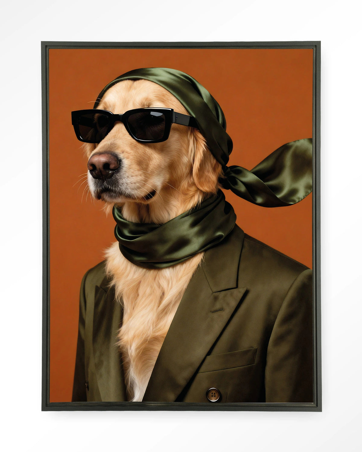Murph – hond met zonnebril en sjaal – Wandkleed – Floating frame – zwart