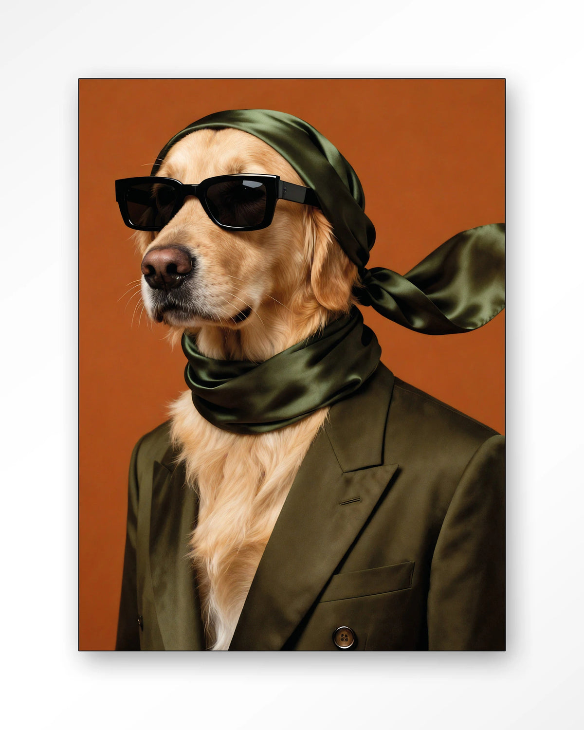 Murph – hond met zonnebril en sjaal – Wandkleed – Frame – zwart