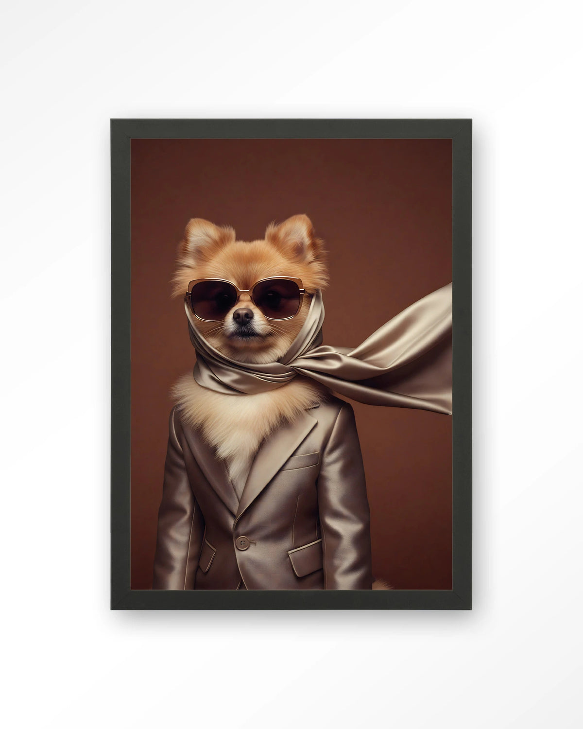 Foxy – hond met zonnebril en sjaal – Art print – Hout zwart