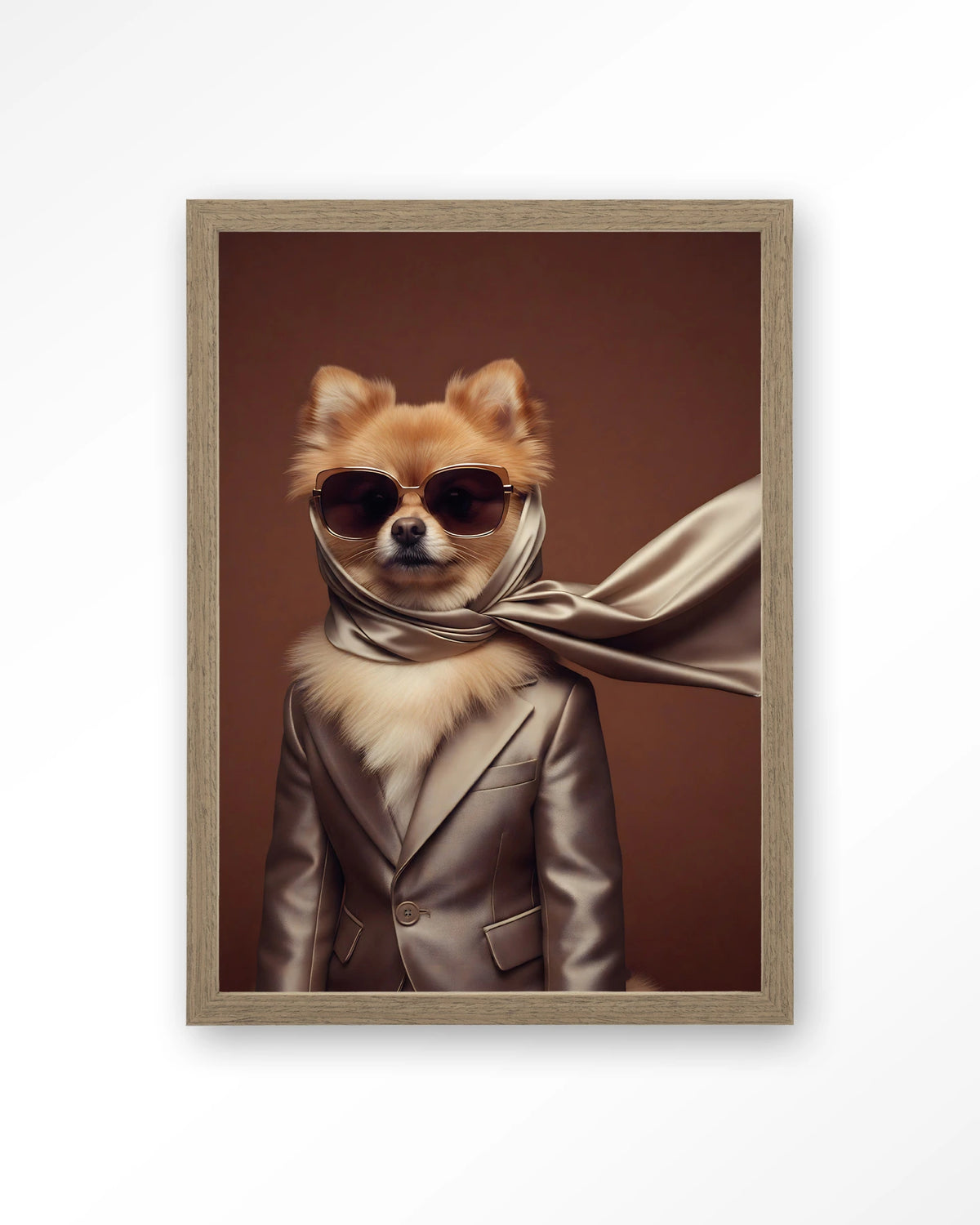 Foxy – hond met zonnebril en sjaal – Art print – Hout bruin