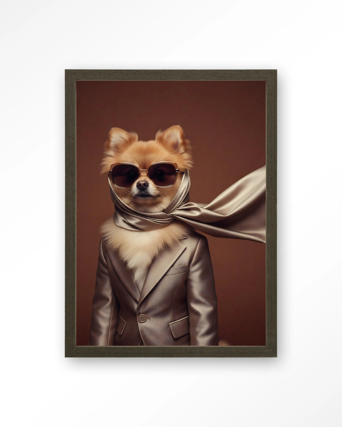 Foxy – hond met zonnebril en sjaal – Art print – Hout donkerbruin