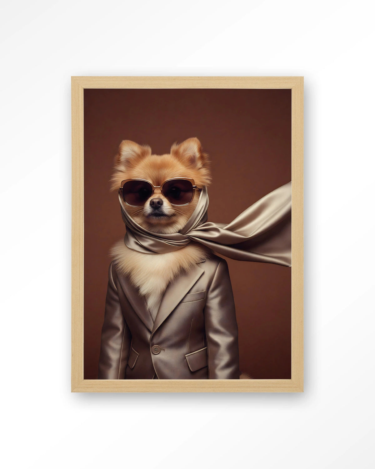 Foxy – hond met zonnebril en sjaal – Art print – Hout naturel