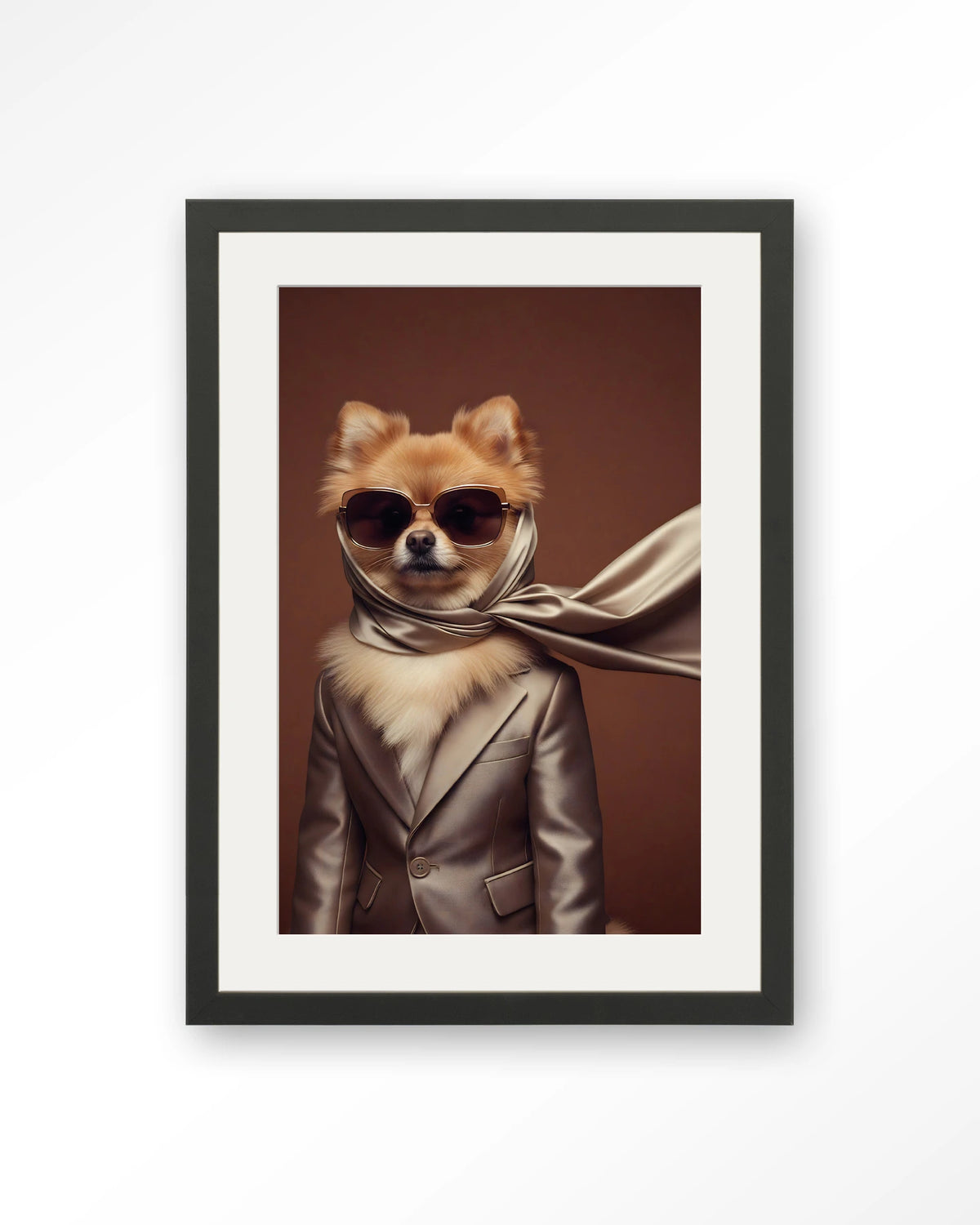 Foxy – hond met zonnebril en sjaal – Art print – Hout zwart + passe-partout