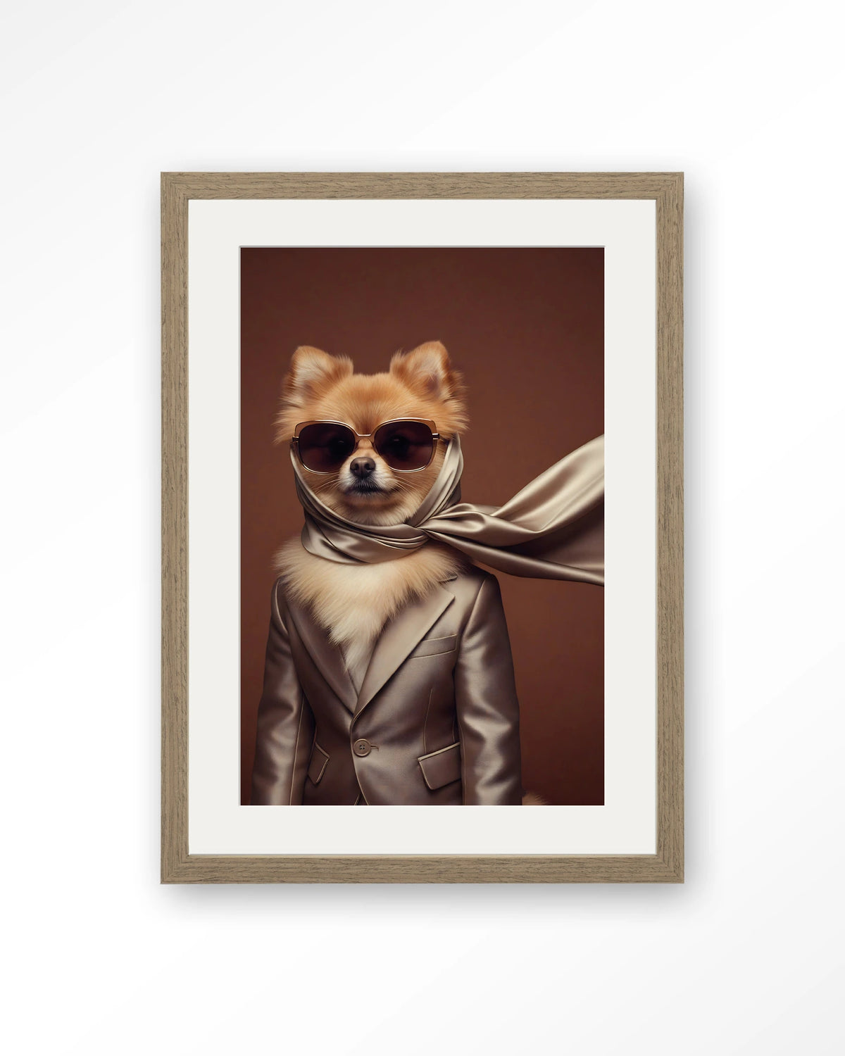 Foxy – hond met zonnebril en sjaal – Art print – Hout bruin + passe-partout