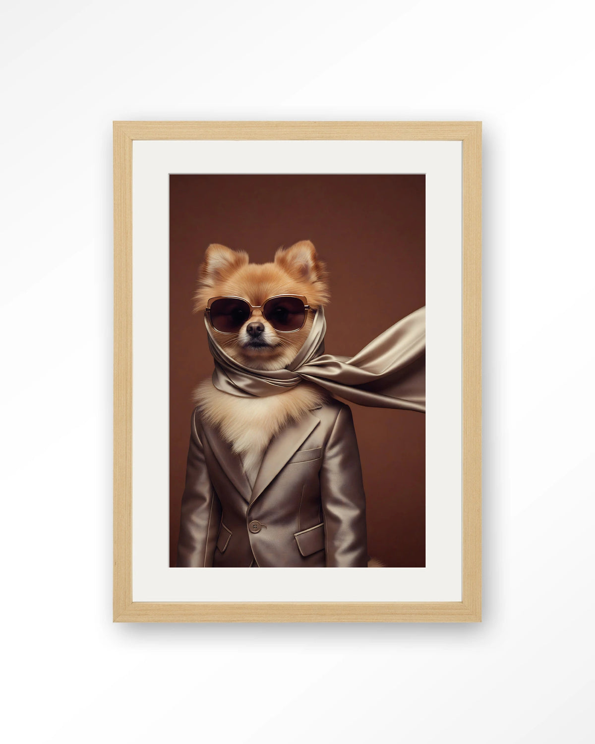 Foxy – hond met zonnebril en sjaal – Art print – Hout naturel + passe-partout
