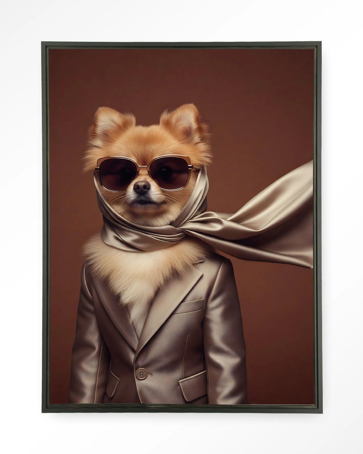 Foxy – hond met zonnebril en sjaal – Wandkleed – Floating frame – zwart