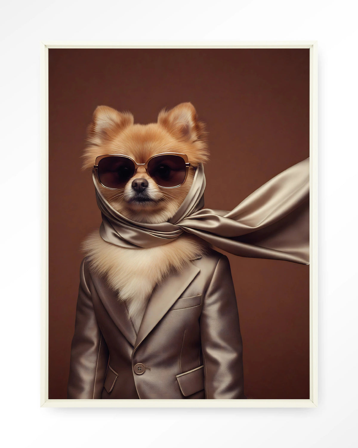 Foxy – hond met zonnebril en sjaal – Wandkleed – Floating frame – wit