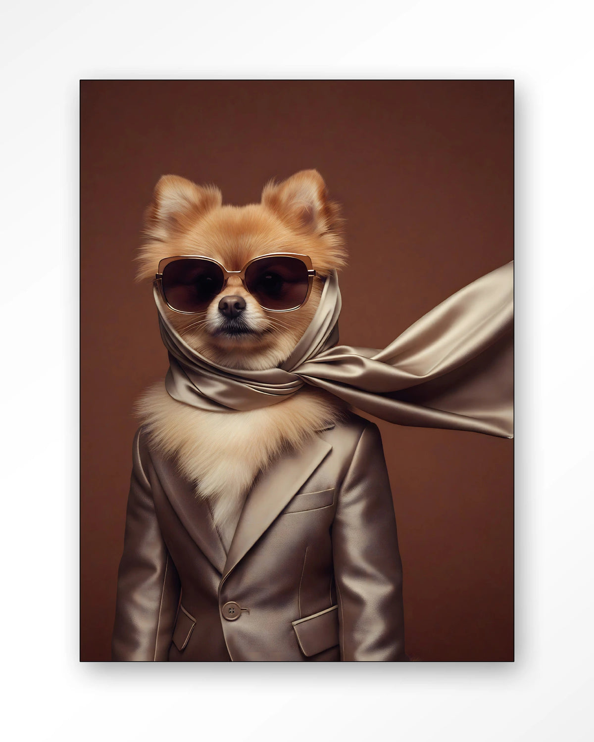 Foxy – hond met zonnebril en sjaal – Wandkleed – Frame – zwart