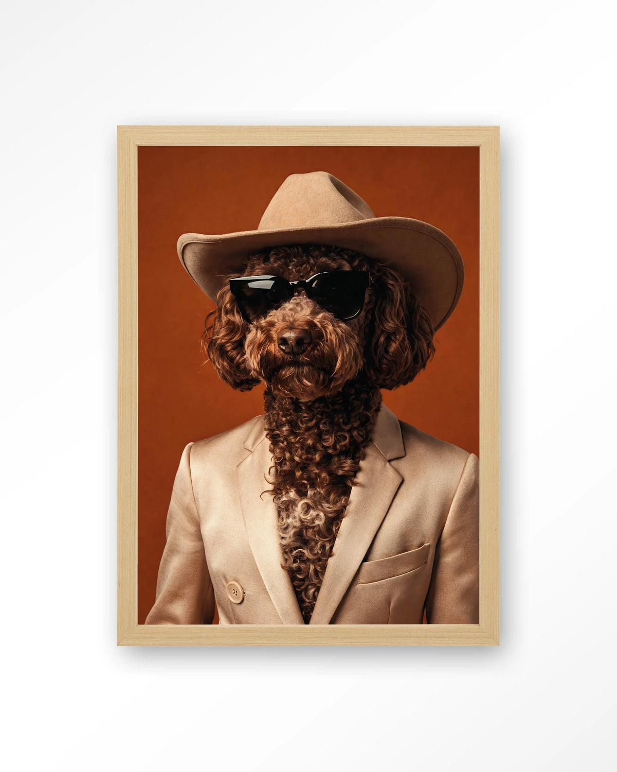 Billy – hond met cowboyhoed – Art print – Hout naturel