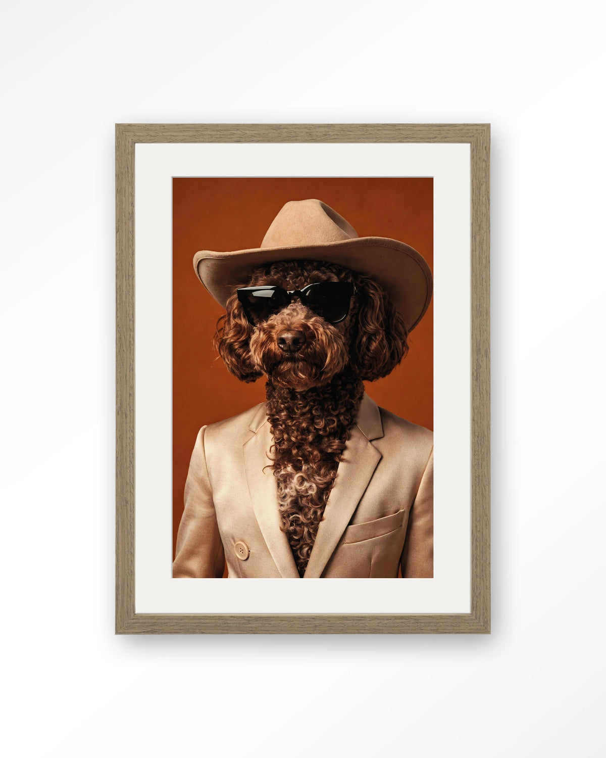 Billy – hond met cowboyhoed – Art print – Hout bruin + passe-partout