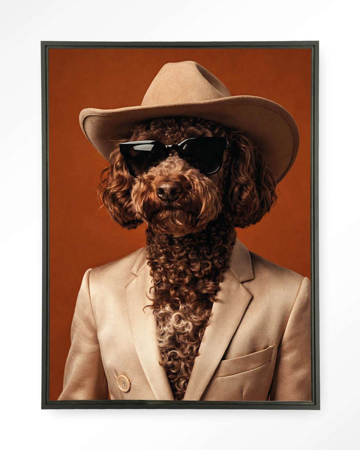 Billy – hond met cowboyhoed – Wandkleed – Floating frame – zwart