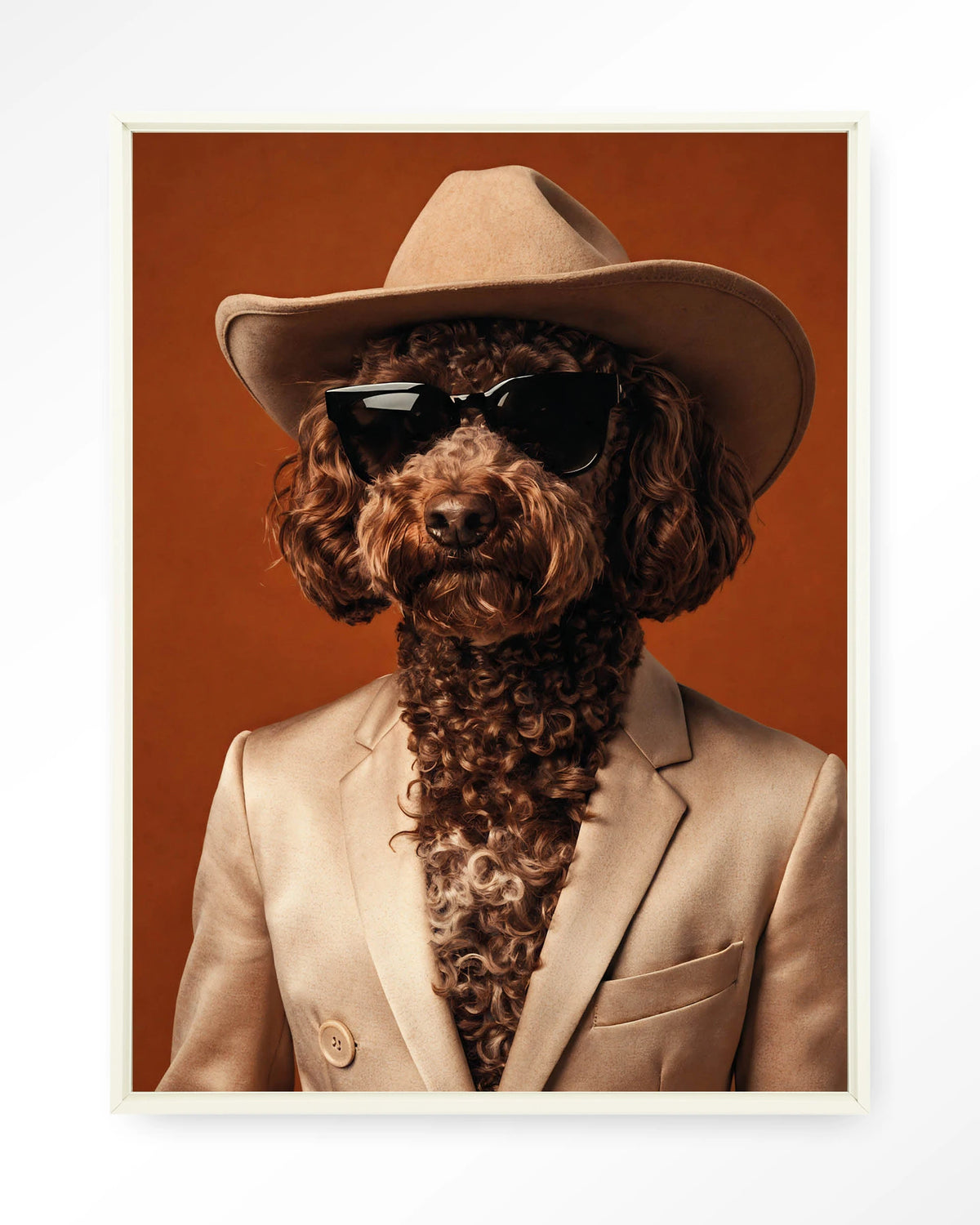 Billy – hond met cowboyhoed – Wandkleed – Floating frame – wit