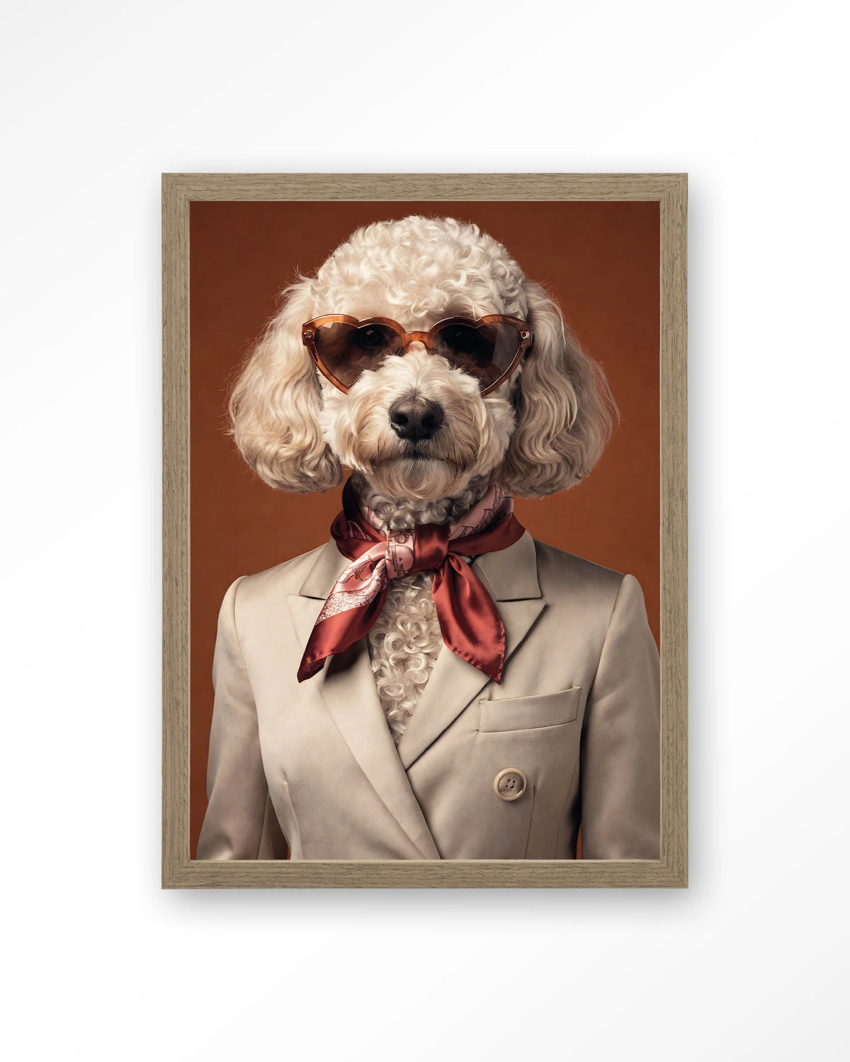 Sjaakie – hond met hartvormige zonnebril – Art print – Hout bruin