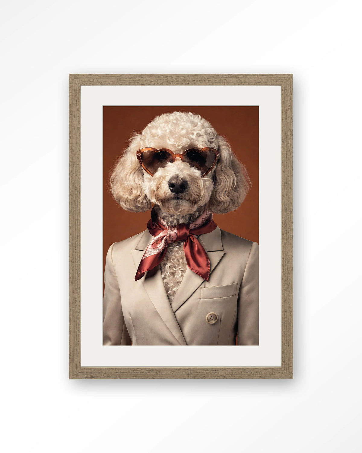 Sjaakie – hond met hartvormige zonnebril – Art print – Hout bruin + passe-partout