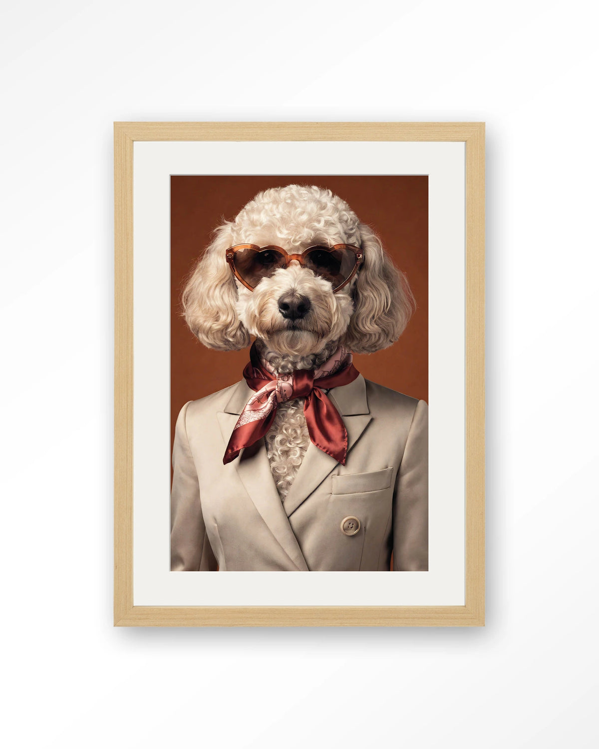 Sjaakie – hond met hartvormige zonnebril – Art print – Hout naturel + passe-partout